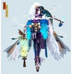  1girl absurdres alternate_costume alternate_hair_color aoandon bird black_legwear black_nails blue_fire breasts cleavage feathers fire full_body grey_background hair_ornament headpiece highres holding_lantern japanese_clothes kiseru lantern looking_at_viewer medium_breasts onmyoji pipe purple_eyes solo standing thighhighs 