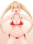  1girl ahoge bangs bare_shoulders bikini blonde_hair blush breasts cleavage closed_eyes cocq_taichou collarbone fate/grand_order fate_(series) gradient gradient_background hair_between_eyes hair_intakes large_breasts long_hair navel nero_claudius_(fate)_(all) nero_claudius_(swimsuit_caster)_(fate) open_mouth outstretched_arms red_bikini smile solo swimsuit thighs twintails 