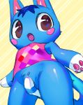  2020 animal_crossing anthro blue_body blue_fur blue_hair bottomless brown_eyes clothed clothing convenient_censorship covering covering_crotch covering_self domestic_cat felid feline felis female fur hair half-length_portrait hi_res low-angle_view mammal nintendo portrait pubes rosie_(animal_crossing) rosy_cheeks sakanaeroi solo standing tail_censorship topwear video_games 