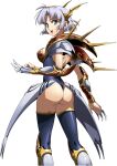  1girl :d armor ass black_legwear black_leotard blue_eyes breasts claw_(weapon) faulds from_behind full_body hairband highleg highleg_leotard highres langrisser langrisser_ii langrisser_mobile leotard looking_at_viewer looking_back medium_breasts official_art sherry_(langrisser) shiny shiny_clothes shiny_hair shiny_legwear short_hair shoulder_blades sideboob silver_hair smile solo standing thighhighs transparent_background weapon yellow_hairband 