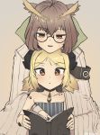  2girls arknights armband blonde_hair book brown_hair commentary_request demon_horns eyebrows_visible_through_hair glasses highres horns ifrit_(arknights) multiple_girls ore_lesion_(arknights) owl_ears radioneet reading rhine_lab_logo silence_(arknights) teaching 