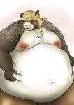  2020 anthro belly blush canid canine gyobu hi_res kemono male mametanu_tanuki mammal moobs navel nipples obese one_eye_closed overweight overweight_male raccoon_dog scar simple_background solo tanuki tattoo tokyo_afterschool_summoners video_games white_background wink 