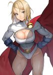  1girl 55level ahoge bangs belt blue_eyes blue_gloves breasts cape cleavage cleavage_cutout closed_mouth commentary_request dc_comics gloves hands_on_hips hands_up highres large_breasts leotard lips long_sleeves power_girl red_cape shiny shiny_hair shiny_skin short_hair simple_background smile solo thighs turtleneck white_background white_leotard 