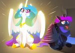  absurd_res blue_eyes bodily_fluids equid ethereal_hair female friendship_is_magic glowing heat_(temperature) hi_res horn mammal my_little_pony princess_celestia_(mlp) princess_luna_(mlp) pseudo_hair purple_eyes sitting sparkles sweat tongue tongue_out underpable winged_unicorn wings 
