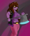  absurd_res animal_humanoid anthro axe belt brown_hair clothed clothing deltarune dragon female hair herm hi_res humanoid intersex jacket long_hair melee_weapon mildred_(artist) scalie scalie_humanoid solo susie_(deltarune) topwear video_games weapon 