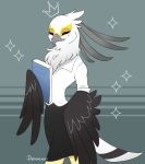  accipitriform aggressive_retsuko anthro avian bird bottomwear clothing crown denirexiendraw eyes_closed feathers female hi_res sanrio secretary_bird secretary_washimi simple_background skirt solo sparkles wings 