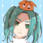  1girl :| aqua_hair bakemonogatari blue_background center_part closed_mouth collar dripping expressionless face googly_eyes green_eyes hat head_tilt highres ichiharu_03 looking_at_viewer monogatari_(series) ononoki_yotsugi portrait rain shaded_face short_hair short_twintails solo staring thick_eyebrows turtleneck twintails wet white_collar 