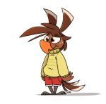  2019 alpha_channel anthro avian beak biped bird bottomwear brown_body brown_feathers clothed clothing digital_media_(artwork) feathers freckles fully_clothed hi_res male orange_eyes piemations pretzel_(piemations) pseudo_hair shorts simple_background smile solo standing sweater tail_feathers topwear transparent_background 