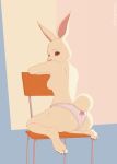 abstract_background albagretta anthro beastars breasts chair clothed clothing domestic_rabbit female full-length_portrait fur furniture haru_(beastars) hi_res kneeling lagomorph leporid looking_back mammal oryctolagus pinup portrait pose rabbit rear_view soles solo topless white_body white_fur 
