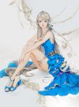  1girl blonde_hair blue_dress blue_eyes blue_footwear bracelet dadachyo dress flower hair_between_eyes hair_flower hair_ornament high_heels highres jewelry long_hair looking_at_viewer necklace nose original parted_lips patreon_username pendant ring signature sitting solo strappy_heels thighlet thighs very_long_hair wristband 