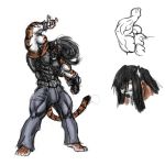  1:1 abs anthro belt biceps black_hair bracelet bulge cigarette clothing facial_hair felid feline fur goatee hair humanoid icewolf jewelry long_hair male mammal muscular muscular_male orange_body orange_fur pantherine smoking solo spiked_bracelet spikes tiger tight_clothing 