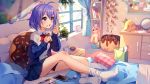  bed blue_eyes book bow bunny chocolate hyanna-natsu paper phone purple_hair school_uniform short_hair skirt socks 