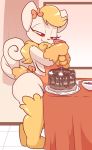  2020 absurd_res anthro apron apron_only cake clothing eyelashes female food fuf fur furniture hi_res inside looking_down meowstic mostly_nude nintendo pok&eacute;mon pok&eacute;mon_(species) red_eyes solo table text url video_games 