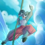  1:1 2020 absurd_res anthro battlecry bovid caprine clothed clothing cloud comm digital_media_(artwork) fist galo hi_res horn jumping male mammal pose sky solo topless water wave ych_(character) 