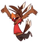  2019 alpha_channel anthro avian beak biped bird bottomwear brown_body brown_feathers clothed clothing digital_media_(artwork) eyes_closed feathers freckles fully_clothed hi_res jumping male open_mouth pants piemations pretzel_(piemations) pseudo_hair shirt simple_background smile solo tail_feathers tongue topwear transparent_background 