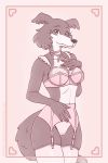  anthro areola areola_slip bananasyrup_cat beastars black_nose bra breasts canid canine canis claws clothed clothing female fur garter_belt garter_straps genitals grey_body grey_fur hi_res juno_(beastars) legwear lingerie looking_at_viewer mammal portrait pussy smile solo stockings three-quarter_portrait underwear wolf 