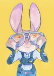 2020 anthro belt clothed clothing disney eyewear fully_clothed fur grey_body grey_fur grin hi_res holding_object judy_hopps lagomorph leporid mammal painting_(artwork) police_uniform rabbit simple_background smile solo strawberry628_(artist) sunglasses traditional_media_(artwork) uniform watercolor_(artwork) yellow_background zootopia 