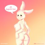 1:1 anthro beastars breasts butt dialogue domestic_rabbit female fur gradient_background hands_on_hips haru_(beastars) hi_res lagomorph leporid looking_at_viewer mammal mr.gorgy nipples nude oryctolagus portrait rabbit rear_view simple_background smile solo speech_bubble standing three-quarter_portrait white_body white_fur 