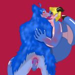  1:1 ambiguous_gender anthro avian bird blue_body blue_fur dragon duo erection fur genitals hi_res invirime2_(artist) male open_mouth penis red_eyes sex simple_background 
