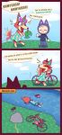  animal_crossing anthro audie_(animal_crossing) canid canine canis clothed clothing comic cycling dress english_text eyewear fangs female glasses hi_res humanoid humor male mammal nintendo r-mk speech_bubble text video_games wolf 