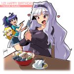  3girls artist_name black_hair black_headband blonde_hair blue_hair chopsticks eyebrows_visible_through_hair food ganaha_hibiki hands_clasped happy_birthday headband heart highres hoshii_miki idolmaster idolmaster_(classic) knife kouichi_(kouichi-129) long_hair multiple_girls noodles onigiri open_mouth own_hands_together ramen red_eyes shijou_takane white_hair 