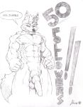  animal_genitalia animal_penis anthro balls candid canid canine canine_penis canis english_text fur genitals hair half-closed_eyes knot looking_at_viewer male mammal monochrome muscular narrowed_eyes nipples penis solo standing text wolf yamayamazui 