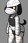  2:3 animal_crossing anthro bandage black_body black_fur blush bulge canid canine canis clothed clothing crop_top domestic_dog floppy_ears fully_clothed fur grey_background hi_res kemono kemosara looking_at_viewer lucky_(animal_crossing) male mammal mummy navel nintendo shirt simple_background solo standing thong topwear undead underwear video_games yellow_eyes 