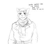 1:1 ambiguous_gender anthro black_and_white cat_knight clothed clothing comic dialogue domestic_cat english_text felid feline felis flight_suit hair hi_res hladilnik looking_down male mammal monochrome simple_background sketch smile solo solo_focus text white_background 