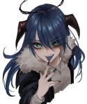  1girl aqua_eyes arknights bags_under_eyes bangs black_nails blue_hair blue_tongue coat eyebrows_visible_through_hair eyes_visible_through_hair fangs finger_licking finger_to_mouth fur_trim hair_between_eyes halo hand_up horns jewelry kurisustinah licking long_hair long_sleeves looking_at_viewer mostima_(arknights) necklace saliva saliva_trail simple_background solo tongue tongue_out v-shaped_eyebrows white_background 