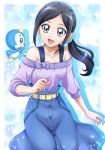  1girl :d bangs belt_buckle black_hair blue_skirt buckle collarbone floating_hair grey_eyes hanzou healin&#039;_good_precure highres long_hair long_skirt off-shoulder_shirt off_shoulder open_mouth parted_bangs pegitan_(precure) ponytail precure purple_shirt sawaizumi_chiyu shadow shiny shiny_hair shirt skirt smile solo sparkle standing yellow_belt 