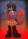  absurd_res anthro black_hair boots bottomwear canid canine canis chibi claws clothing colored_nails comet_(puyo_puyo) demon fangs female footwear formal gradient_background grey_ears grey_tail hair hi_res hybrid knee_socks legwear mammal nails pechhi puyo_puyo red_claws red_eyes red_nails red_tail school_uniform simple_background skirt socks solo star uniform wolf wolfette_(wolfetteplays) 