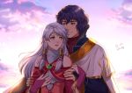  1boy 1girl autumnsacura backlighting bangle bare_shoulders bloom blue_eyes blue_hair bracelet bridal_gauntlets cape circlet cloud cloudy_sky couple day fire_emblem fire_emblem:_radiant_dawn half_updo hetero jewelry long_hair looking_at_another micaiah_(fire_emblem) pelleas_(fire_emblem) silver_hair sky smile turtleneck_dress wide_sleeves yellow_eyes 