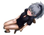  1girl bakkanki blush breasts china_dress chinese_clothes darker_than_black dress looking_at_viewer ponytail silver_hair simple_background sitting solo white_background yin 