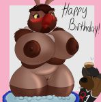  anthro avian belly big_breasts big_mamma_(fath) bird birthday birthday_cake blush breasts cake clothing disney fake_ears fake_rabbit_ears feathers female food fox_and_the_hound genitals hi_res holding_breast huge_breasts hyaenid klr-rio legwear mammal nipples nude owl pussy solo stockings thick_thighs 
