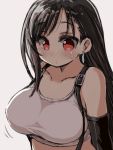  1girl black_hair blush breasts brown_eyes closed_mouth commentary_request curious earrings elbow_gloves final_fantasy final_fantasy_vii gloves jewelry large_breasts long_hair naitou_kouse no_bra simple_background solo suspenders tank_top tifa_lockhart 
