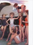  6+girls absurdres aircraft airplane all_fours ass barefoot black_swimsuit blue_eyes blush body_blush breasts brown_eyes brown_hair collarbone day flat_chest full_body hair_ornament hand_on_hip highres long_hair medium_breasts multiple_girls murata_renji one-piece_swimsuit open_mouth orange_swimsuit original outdoors red_swimsuit short_hair sitting small_breasts standing swimsuit twintails white_swimsuit 