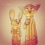  1:1 2018 anthro canid canine cheek_tuft clothed clothing disney duo eyes_closed facial_tuft fox fully_clothed fur hi_res holding_cup holding_object judy_hopps lagomorph leaf leporid mammal nick_wilde open_mouth open_smile qalcove rabbit red_fox scarf simple_background smile steam tuft zootopia 