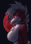  2020 anthro black_background breasts collar female full_moon fur glowing hair kikithenurse lycanroc medium_breasts midnight_lycanroc moon nintendo pok&eacute;mon pok&eacute;mon_(species) red_body red_eyes red_fur signature simple_background solo spiked_collar spikes video_games white_body white_fur white_hair 