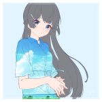  1girl bangs black_hair blue_background blue_eyes blush braid closed_mouth hair_ornament hairclip interlocked_fingers long_hair looking_at_viewer nijisanji short_sleeves signature simple_background sky_print solo tsukino_mito upper_body virtual_youtuber yokoyoko_(yokoyoko_ykyk) 