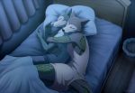 2020 beastars bed canid canine canis cheek_tuft clothed clothing cuddling facial_tuft female fully_clothed fur furniture green_body green_scales grey_body grey_fur high-angle_view hug hybrid inside komodo_dragon leano_(beastars) legoshi_(beastars) lizard lying male mammal monitor_lizard mother mother_and_child mother_and_son on_bed on_side parent parent_and_child reptile scales scalie seyumei son tuft wolf 