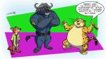  16:9 anthro benjamin_clawhauser blue_body blue_fur canid canine chief_bogo clothed clothed/nude clothed_male_nude_male clothing dialogue disney drunk english_text featureless_crotch fox fur gepredators group hi_res horn male mammal nick_wilde nude orange_body orange_fur simple_background speech_bubble spots spotted_body spotted_fur substance_intoxication text widescreen zootopia 
