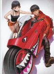  1boy 1girl absurdres akira bangs boots breasts cleavage ground_vehicle halter_top halterneck highres jacket kaneda_shoutarou kaneda_shoutarou&#039;s_bike kei_(akira) long_sleeves looking_at_viewer murata_renji orange_shorts red_jacket short_hair shorts simple_background 