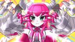  1girl bangs blue_eyes blush blush_stickers breasts curled_horns double_v dragon_horns elizabeth_bathory_(fate)_(all) emotional_engine_-_full_drive fate/grand_order fate_(series) hands_up horns humanoid_robot long_hair looking_at_viewer mecha_eli-chan namioka_nishihito parody pink_hair small_breasts solo sparkle sunburst sunburst_background v wings yellow_background 