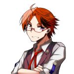  1boy ahoge bespectacled brown_hair brown_vest glasses grin heterochromia holostars looking_at_viewer male_focus mole mole_under_eye okota1869 open_mouth orange_eyes purple_eyes red_neckwear shirt short_hair smile solo teeth upper_body vest virtual_youtuber white_shirt yukoku_roberu 