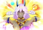  1boy absurdres arjuna_alter armlet bangs bracer dark_skin dark_skinned_male double_v emotional_engine_-_full_drive fate/grand_order fate_(series) gloves grey_eyes hair_between_eyes hands_up highres horns jewelry long_hair looking_at_viewer neck_ring nishiuji orb parody parted_lips shoulder_tattoo silver_hair solo sparkle sunburst sunburst_background tattoo v white_gloves yellow_background 