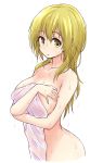  1girl bangs blonde_hair breasts commentary covered_navel covering covering_breasts cropped_torso eyebrows_visible_through_hair highres holding holding_towel ichii_yui large_breasts long_hair looking_at_viewer mel_(melty_pot) naked_towel parted_lips simple_background solo standing towel wet wet_hair white_background white_towel yellow_eyes yuyushiki 