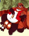  2011 absurd_res anthro balls belly big_balls blush brown_body brown_fur canid canine carrying fur genitals group hi_res humanoid_hands kemono male mametanu_tanuki mammal outside overweight overweight_male raccoon_dog sitting sleeping tanuki 