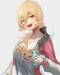  1girl alternate_costume blonde_hair blush breasts commentary drink fang grey_background hair_between_eyes jack-o&#039;-lantern_print jacket long_hair looking_at_viewer medium_breasts nijisanji nui_sociere open_clothes open_jacket open_mouth ponytail red_jacket scrunchie shirt simple_background smile solo t-shirt upper_body virtual_youtuber white_shirt yellow_eyes ziu 