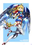  black_gloves blonde_hair cowlick eyebrows_visible_through_hair gloves green_eyes gundam gundam_wing high_heels highres i.takashi mecha_musume mechanical_wings open_mouth personification thrusters v-fin wing_gundam_zero wings 