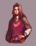  1boy brown_hair cape cowboy_shot dunban facial_hair grey_background hand_on_hip highres issycake long_hair male_focus red_vest simple_background solo twitter_username vest waistcoat xenoblade_(series) xenoblade_1 